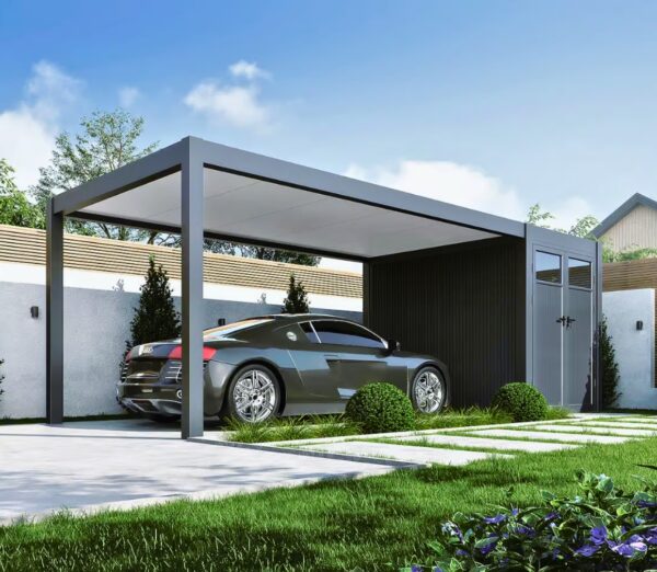 Single Carport aus Aluminium | 3x7.2m | Anthrazit mit Lagerraum