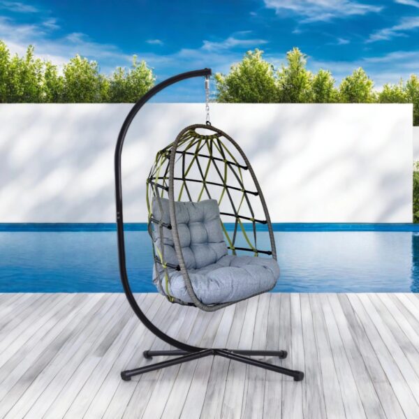 Hängesessel Diamond-Band Grau/Grün – wetterfest, klappbar & inkl. Komfort-Kissen