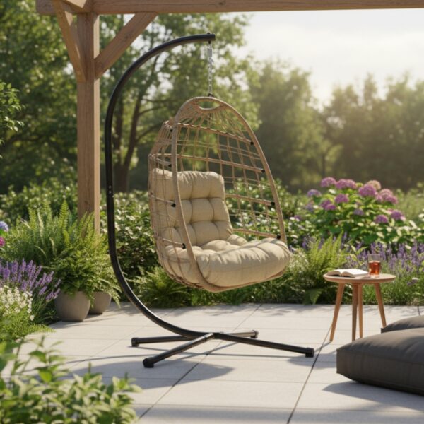 Hängesessel Chloe Polyrattan Sand – wetterfest, klappbar & inkl. Komfort-Kissen