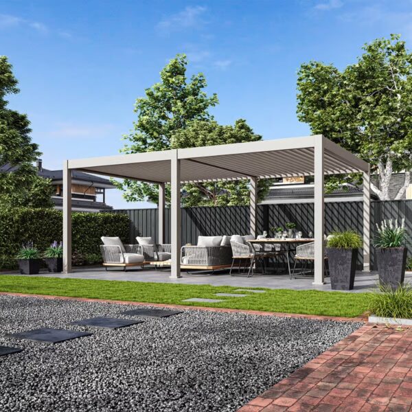 Alternative view of Weide Pergola 4x6m | Voll-Aluminium | elektrisches Lamellendach & LED-Beleuchtung | Ivory Sand