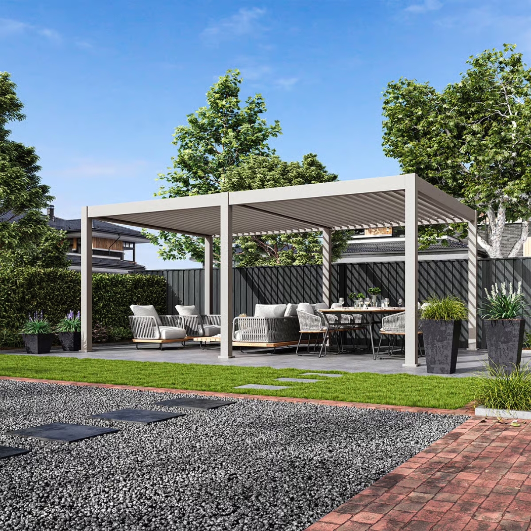 Weide elektrische Pergola 4x6m mit LED | motorisiertes Lamellendach Ivory Sand – Bild 2