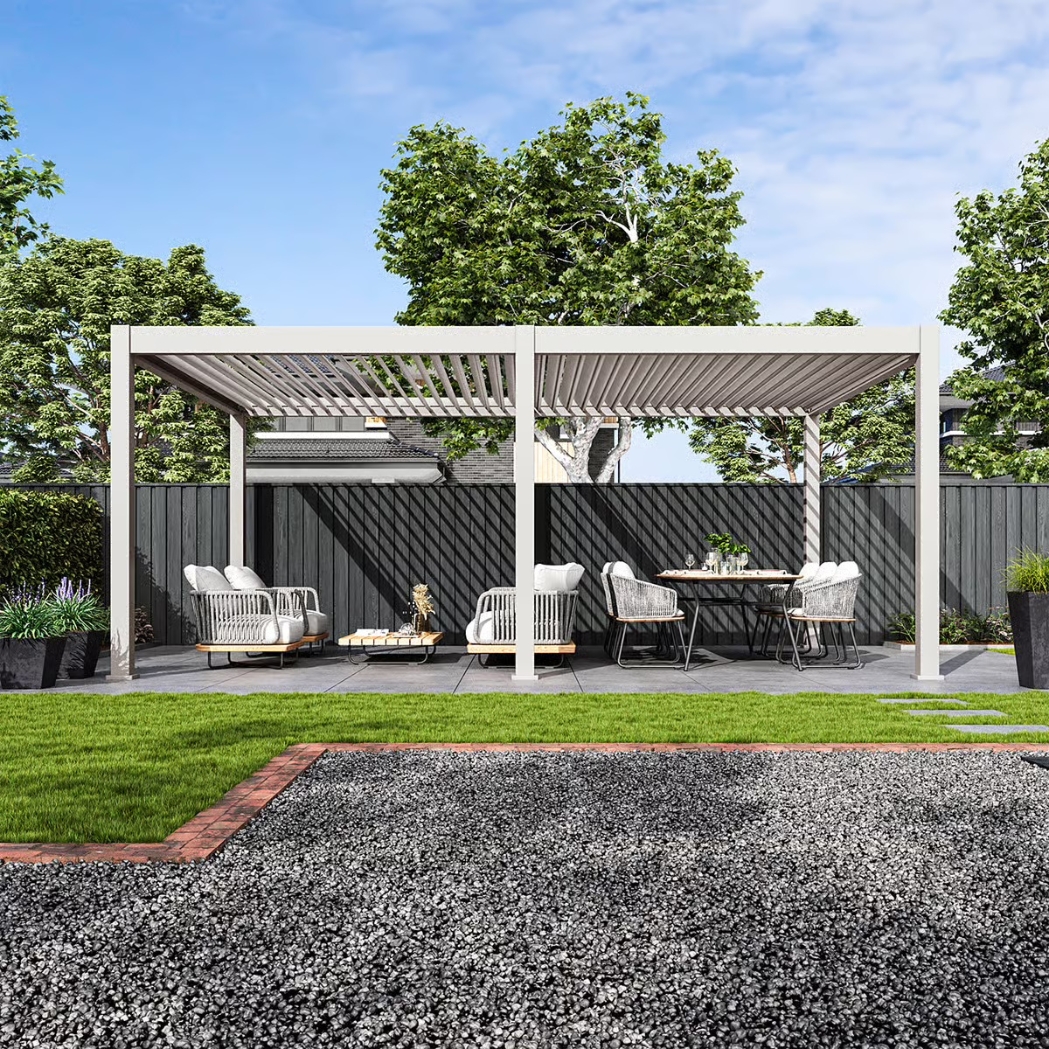 Weide elektrische Pergola 4x6m mit LED | motorisiertes Lamellendach Ivory Sand