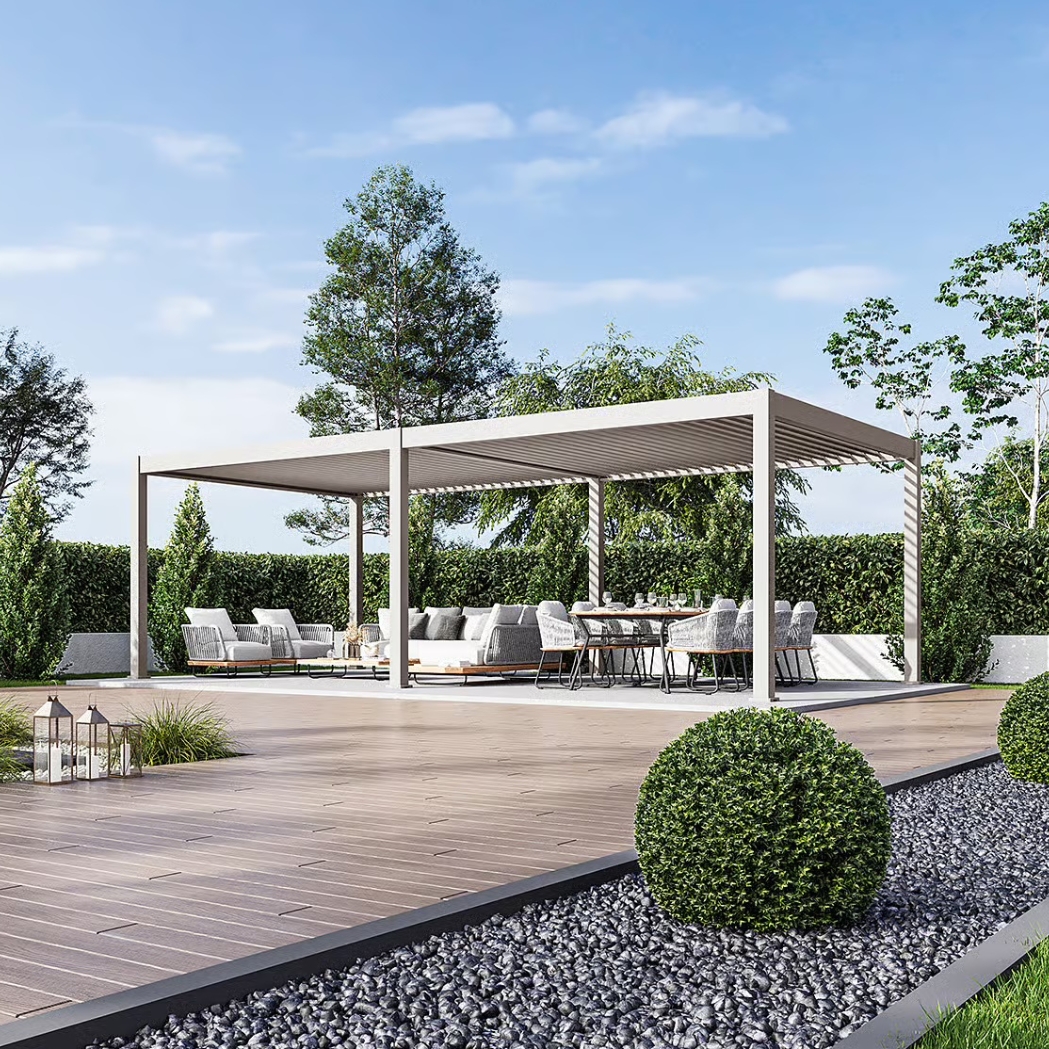 Weide elektrische Pergola 4x8m mit LED | motorisiertes Lamellendach Ivory Sand – Bild 2