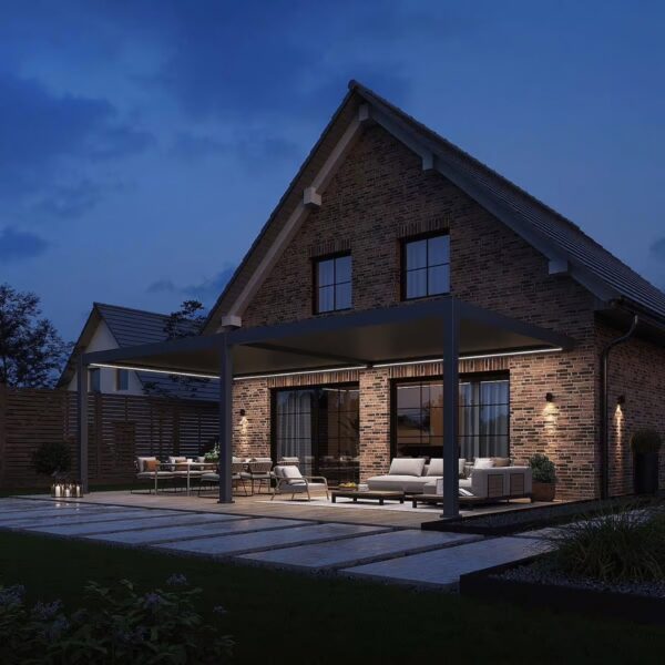 Wandpergola elektrisch 4x8m mit LED | motorisiertes Lamellendach Anthrazit