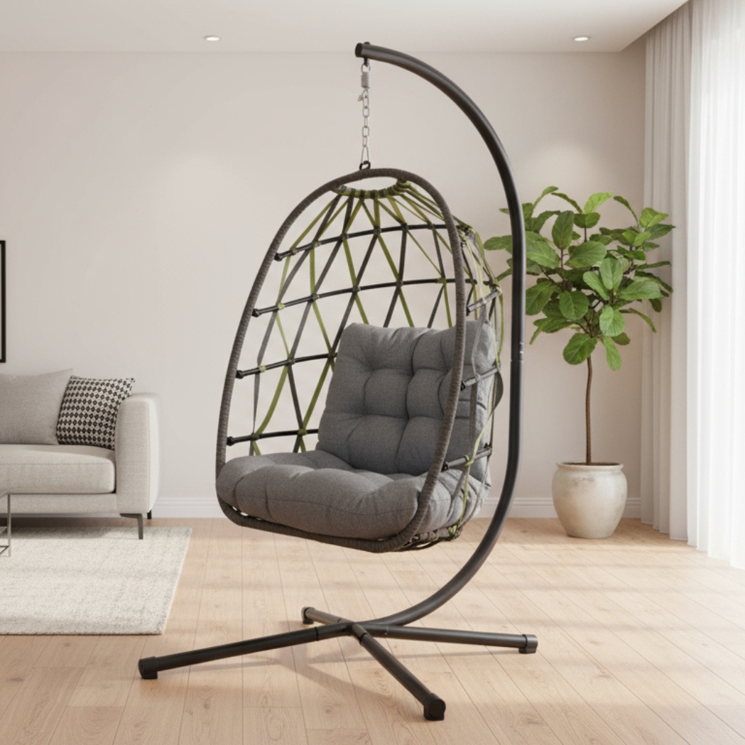 Hangmatstoel Diamond-Tape Grijs/Groen – weerbestendig, inklapbaar & incl. comfortkussen