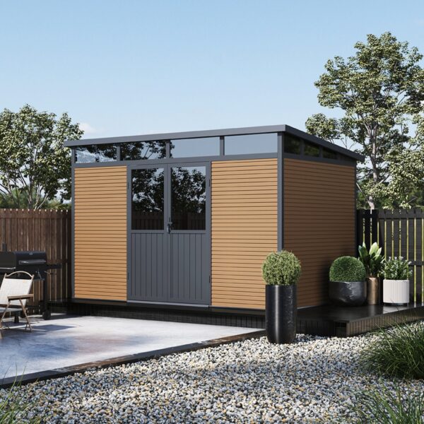 Garden shed with double door made of aluminum and WPC 338x218x226 cm | Weatherproof in Teak